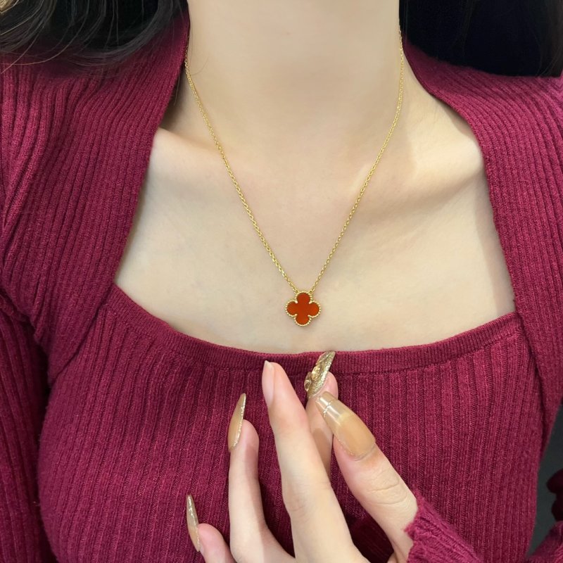 Gold Clover Pendant Necklace Red Agate view