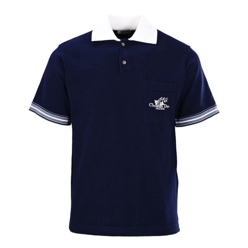 Navy Blue Polo Collar Short Sleeve T-Shirt with White Trim view