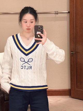 Cream Tennis V-Neck Sweater with Navy & Gold Stripes