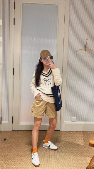 Cream Tennis V-Neck Sweater with Navy & Gold Stripes view 2
