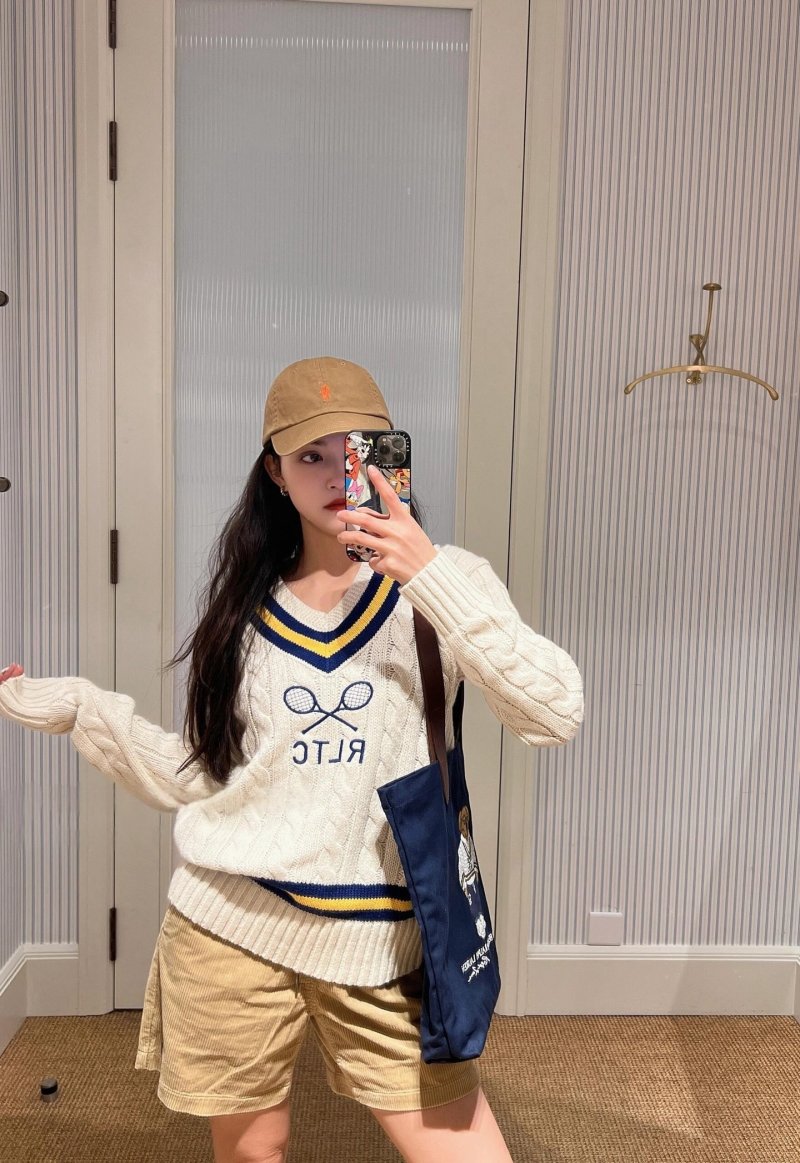 Cream Tennis V-Neck Sweater with Navy & Gold Stripes view