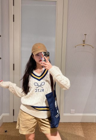 Cream Tennis V-Neck Sweater with Navy & Gold Stripes view 3