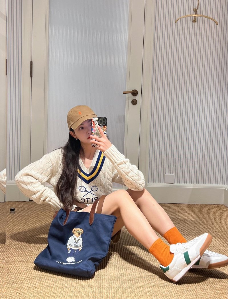 Cream Tennis V-Neck Sweater with Navy & Gold Stripes view