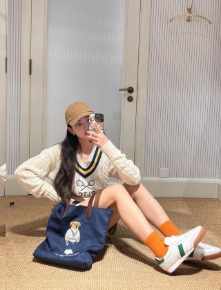 Cream Tennis V-Neck Sweater with Navy & Gold Stripes view 4