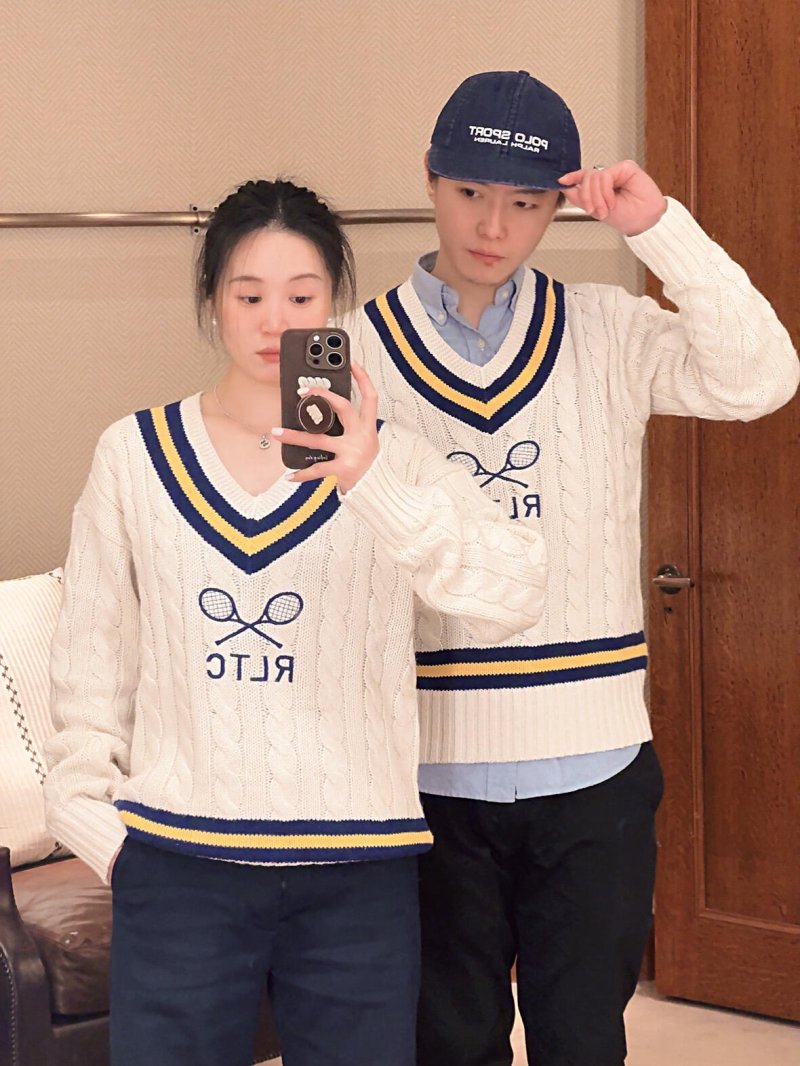 Cream Tennis V-Neck Sweater with Navy & Gold Stripes view