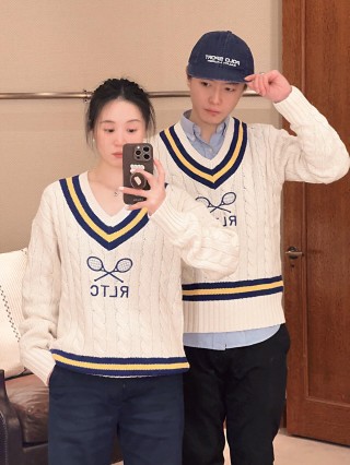 Cream Tennis V-Neck Sweater with Navy & Gold Stripes view 5