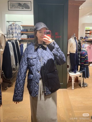 Barbour Navy Quilted Jacket with Brown Corduroy Collar view 3