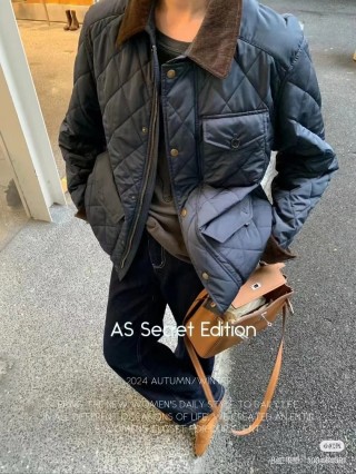 Barbour Navy Quilted Jacket with Brown Corduroy Collar view 6