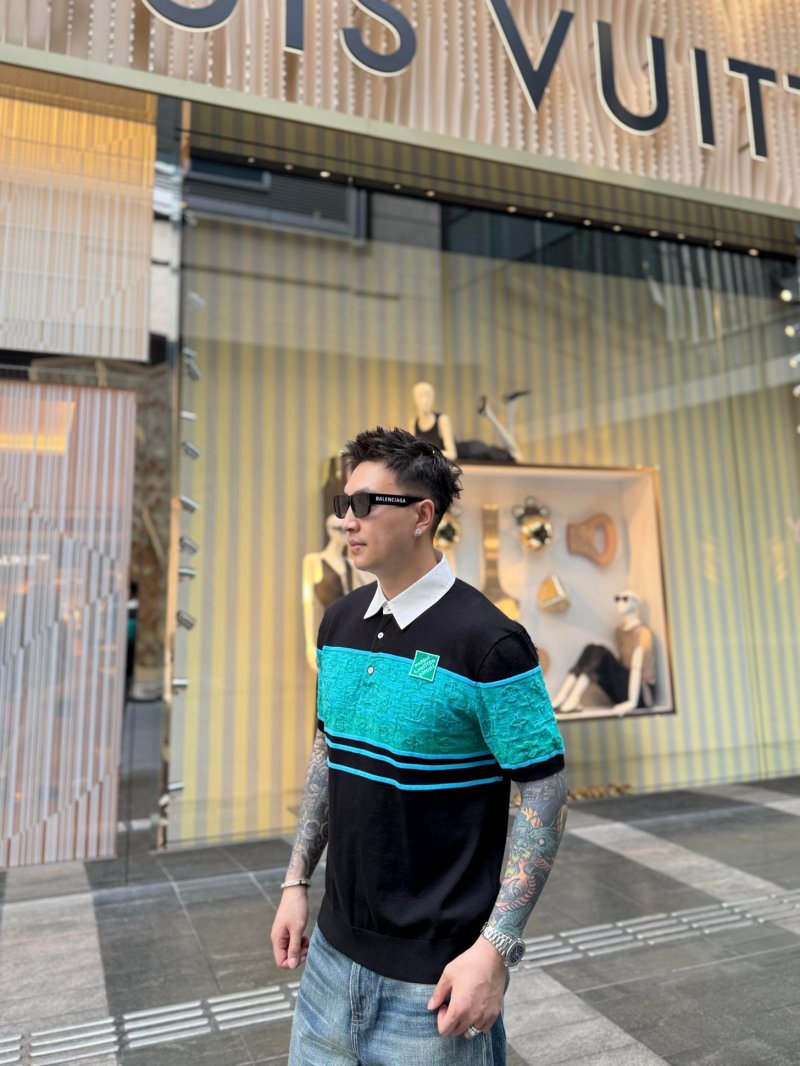 Balenciaga Black Turquoise Stripe Polo T-Shirt