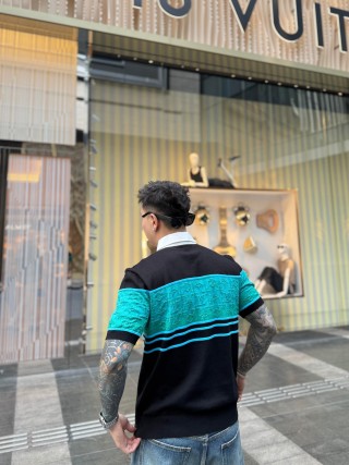 Balenciaga Black Turquoise Stripe Polo T-Shirt view 2