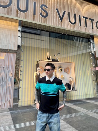 Balenciaga Black Turquoise Stripe Polo T-Shirt view 3