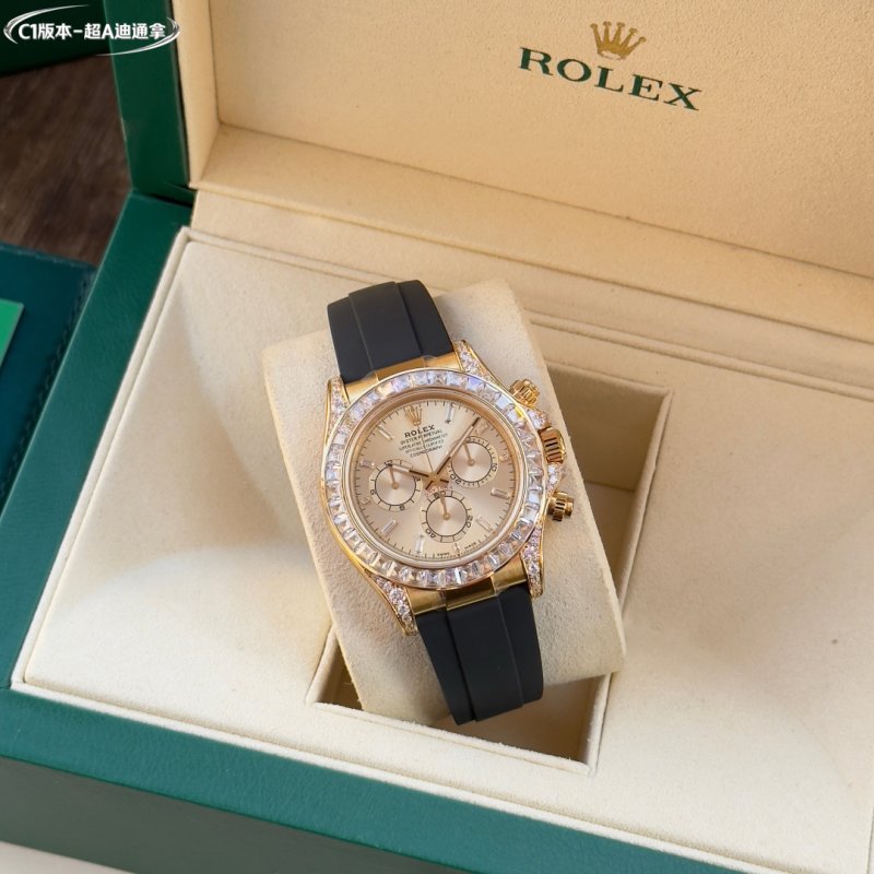 Rolex Daytona Chronograph Gold Diamond Bezel Black Rubber Strap
