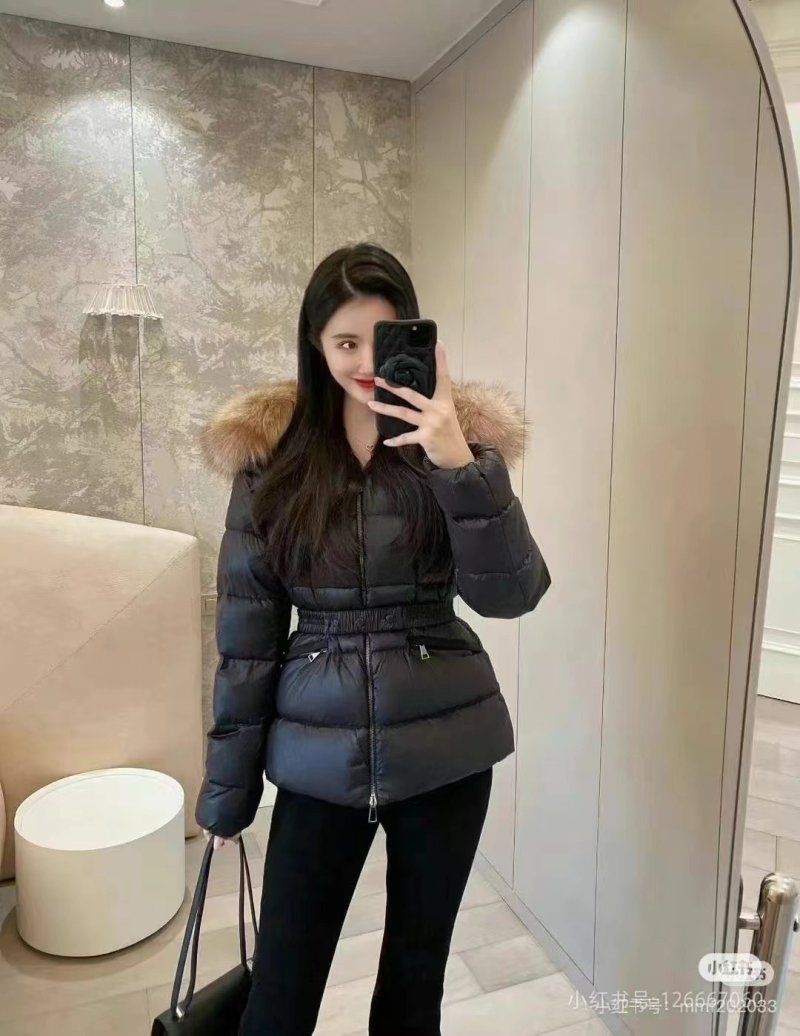 Black Puffer Down Jacket with Fur Hood Trim