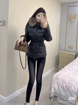 Black Puffer Down Jacket with Fur Hood Trim view 2