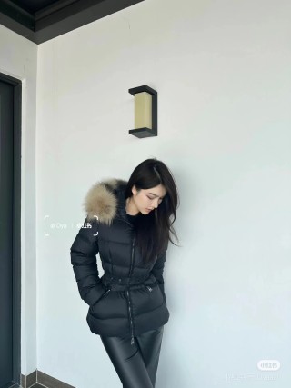 Black Puffer Down Jacket with Fur Hood Trim view 3
