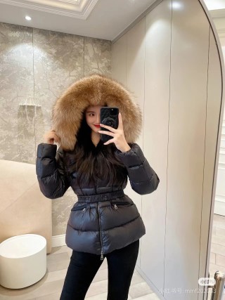 Black Puffer Down Jacket with Fur Hood Trim view 5