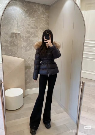 Black Puffer Down Jacket with Fur Hood Trim view 6