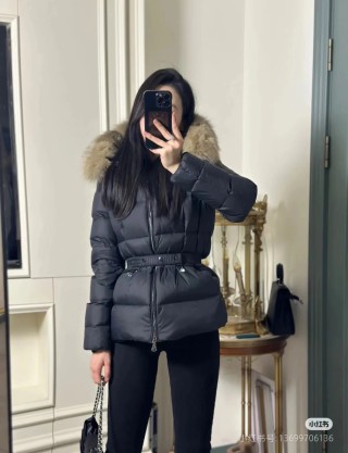 Black Puffer Down Jacket with Fur Hood Trim view 8