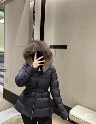 Black Puffer Down Jacket with Fur Hood Trim view 9