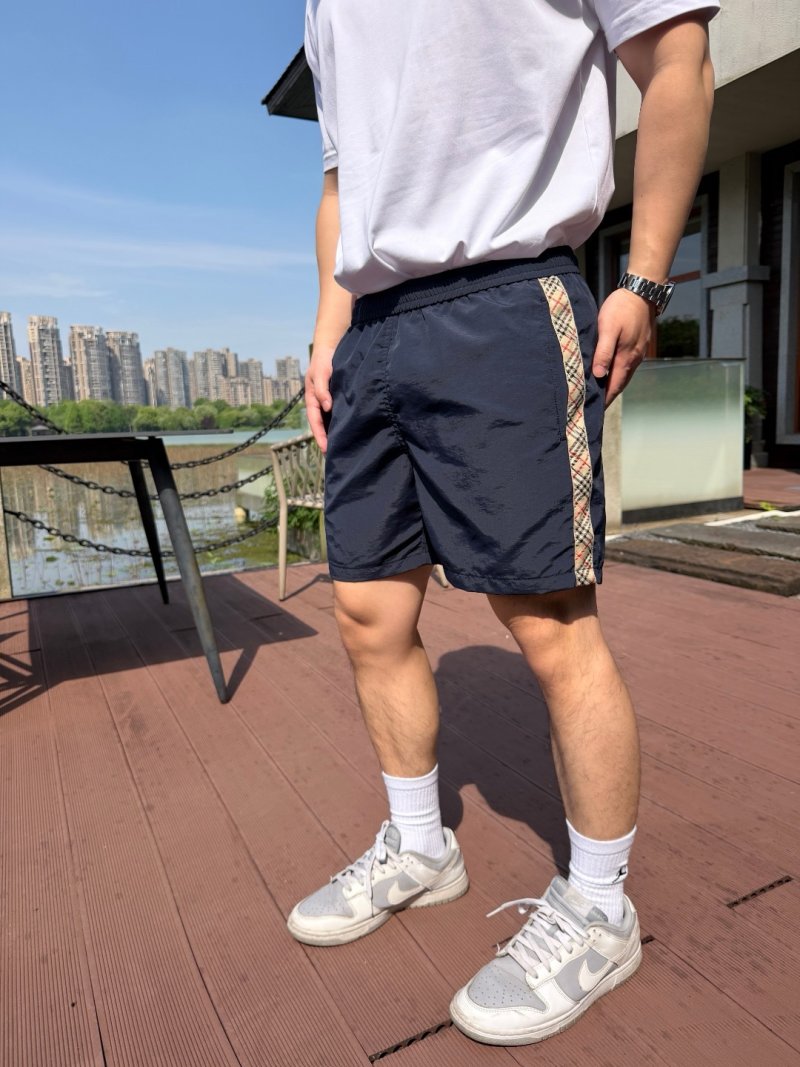 Navy Nylon Shorts with Checkered Side Stripe