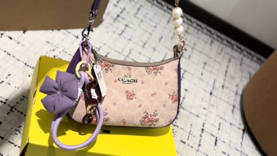 Coach Floral Canvas Shoulder Bag Cream Pink