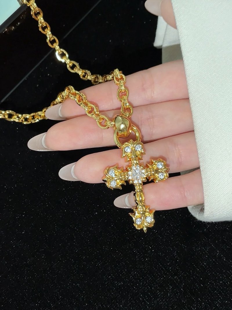 Gold Cross Pendant Chain Necklace with Cubic Zirconia