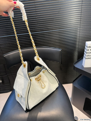 Chanel 25 Quilted Bucket Bag White Leather Gold Chain view 3