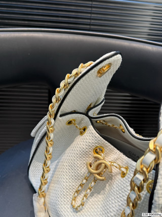 Chanel 25 Quilted Bucket Bag White Leather Gold Chain view 4