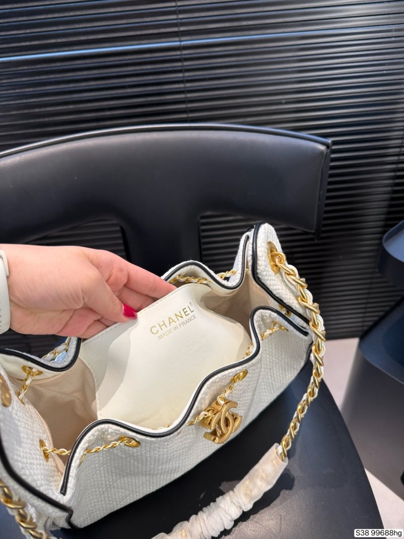 Chanel 25 Quilted Bucket Bag White Leather Gold Chain view