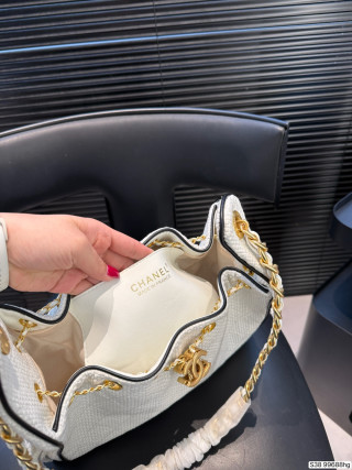 Chanel 25 Quilted Bucket Bag White Leather Gold Chain view 9