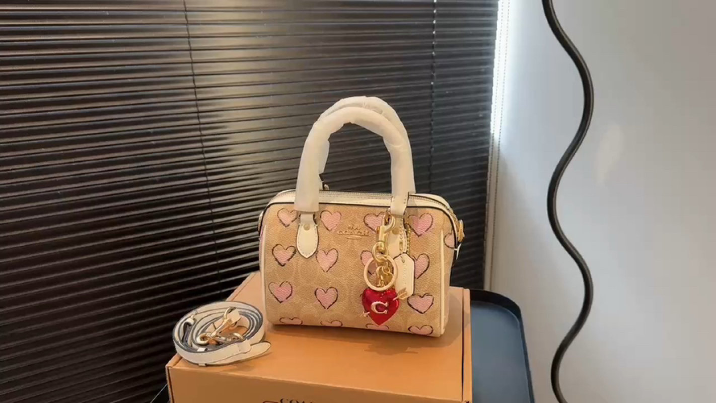 Coach Beige Heart Print Boston Satchel with Charm