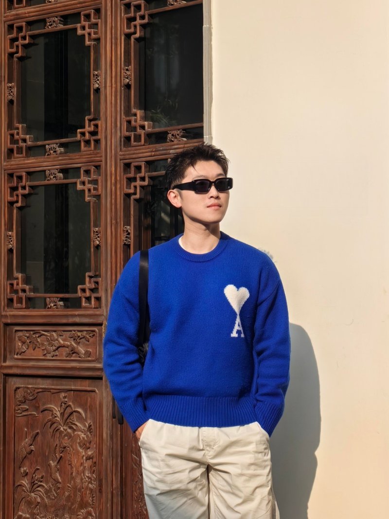 Ami Paris Royal Blue Heart Logo Knit Sweater