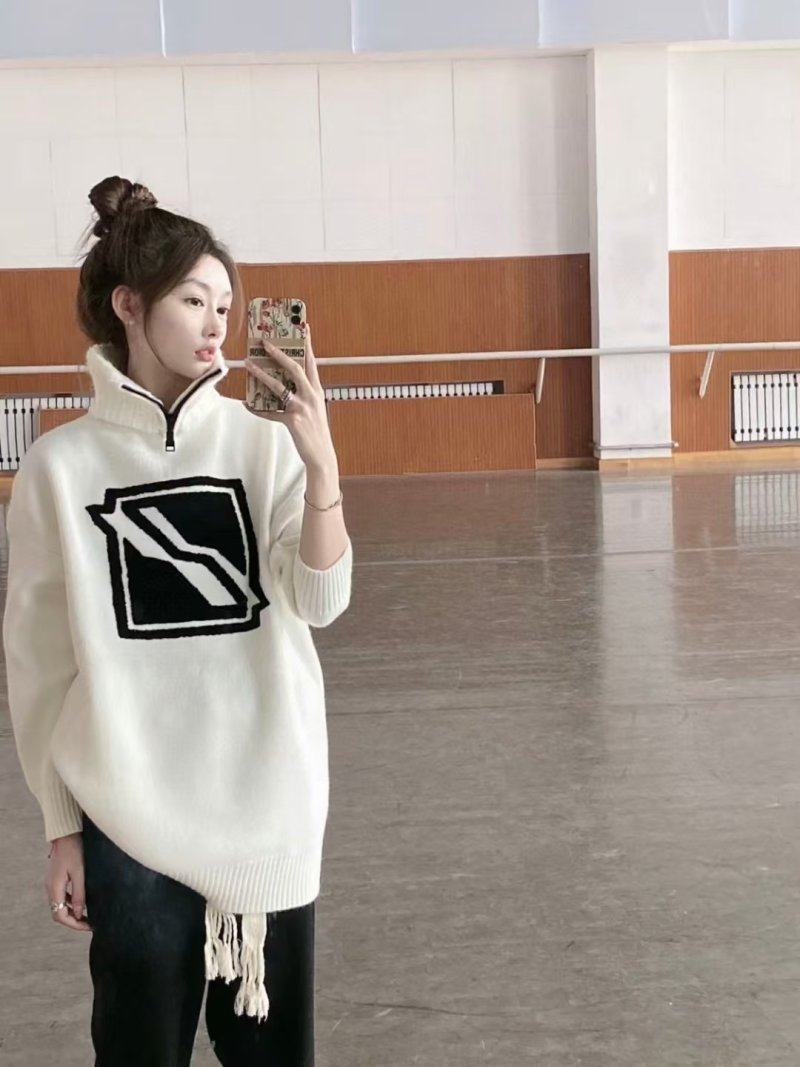 White Oversized Knit Sweater with Black Geometric Logo view