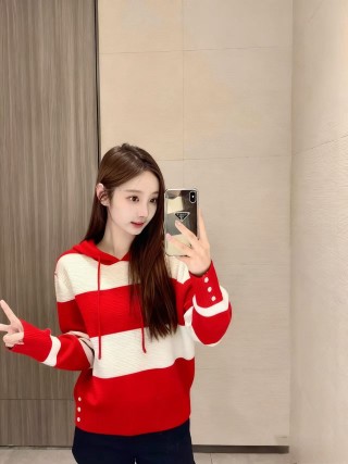 Red & Cream Stripe Knit Hoodie with Button Detail