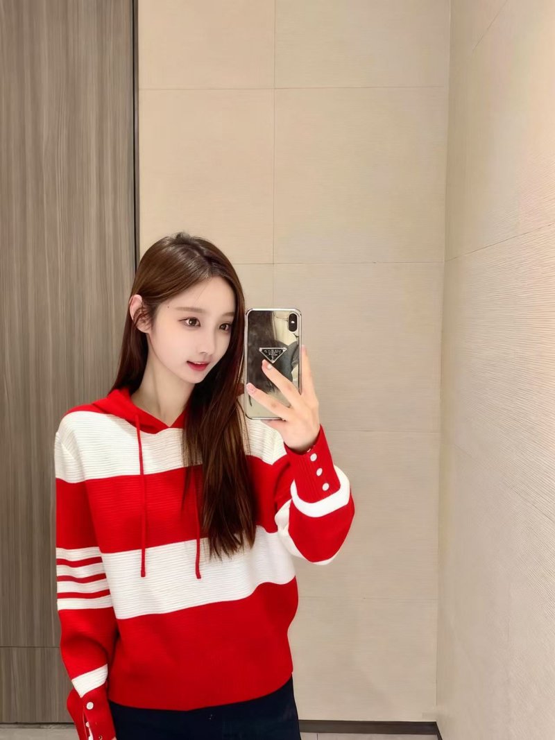Red & Cream Stripe Knit Hoodie with Button Detail view