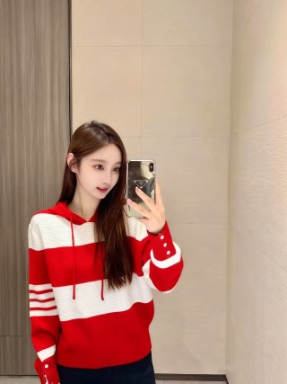 Red & Cream Stripe Knit Hoodie with Button Detail view 2