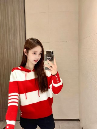 Red & Cream Stripe Knit Hoodie with Button Detail view 3