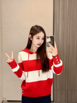 Red & Cream Stripe Knit Hoodie with Button Detail view 4