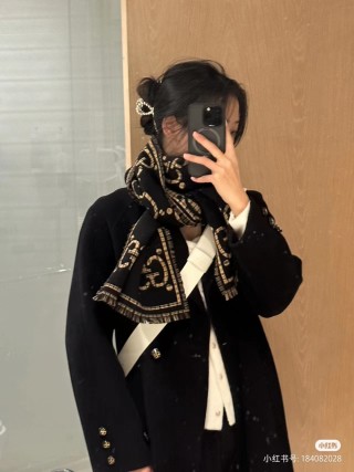 Gucci GG Monogram Double-Faced Wool Scarf Black Gold view 2