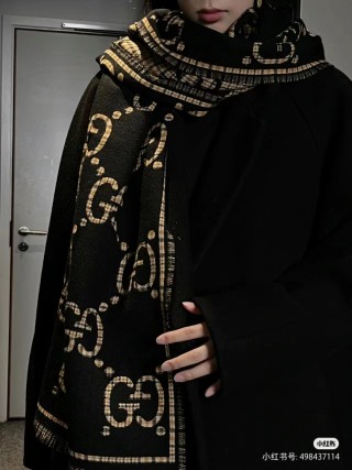 Gucci GG Monogram Double-Faced Wool Scarf Black Gold view 8