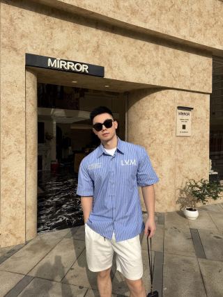 Blue Pinstripe Short Sleeve Button-Up Shirt