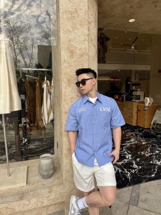 Blue Pinstripe Short Sleeve Button-Up Shirt view 2