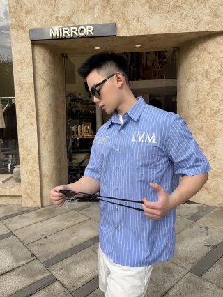 Blue Pinstripe Short Sleeve Button-Up Shirt view 4