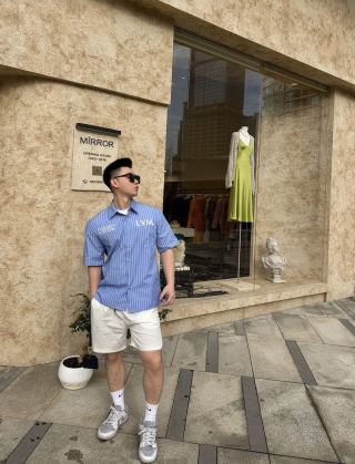 Blue Pinstripe Short Sleeve Button-Up Shirt view 5