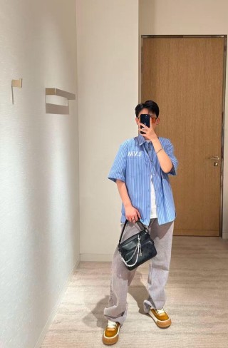 Blue Pinstripe Short Sleeve Button-Up Shirt view 6