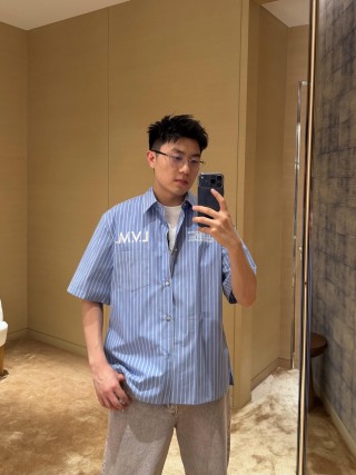 Blue Pinstripe Short Sleeve Button-Up Shirt view 7