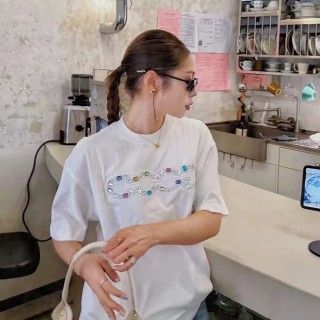 White Short Sleeve T-Shirt with Colorful Gemstone Print