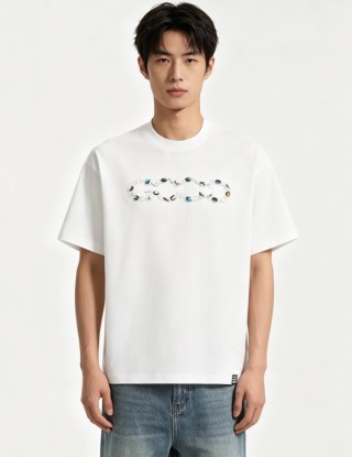 White Short Sleeve T-Shirt with Colorful Gemstone Print view 3