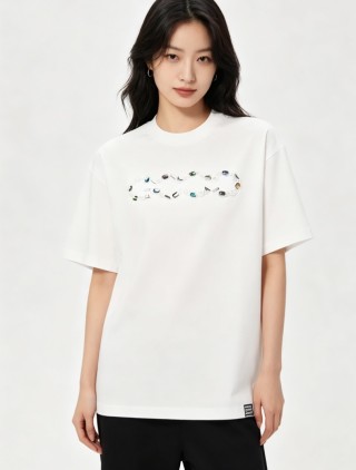 White Short Sleeve T-Shirt with Colorful Gemstone Print view 4