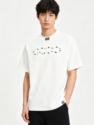 White Short Sleeve T-Shirt with Colorful Gemstone Print view 5